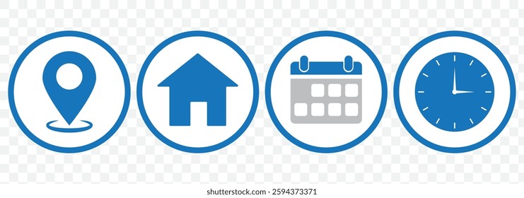 Time, date and address icon set. Calendar, clock, location. Editable stroke. Linear vector outline illustration. Vector illustration. Date, time, location address icon set template. EPS 10.