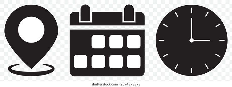 Time, date and address icon set. Calendar, clock, location. Editable stroke. Linear vector outline illustration. Vector illustration. Date, time, location address icon set template. EPS 10.