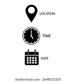 Time, date and address icon set. Calendar, clock, location, Place. Editable stroke. Linear outline Vector illustration.

