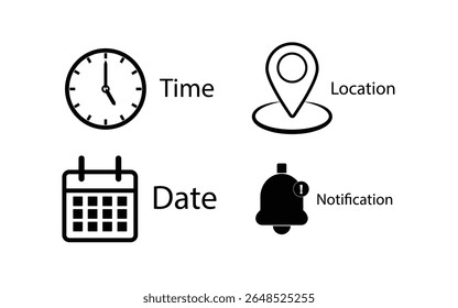 Time, date and address icon set. Calendar, clock, location, Place. Editable stroke. Linear outline Vector illustration.
