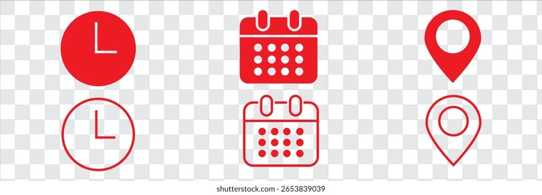 Ícone de endereço de data e hora define a ilustração do vetor de coleção. Vetor de ícones de evento. Local, ícone do relógio do Calendário. Relógio, localização do mapa de pin e sinais de calendário definidos. Ícones de agenda comercial calendário do relógio.
