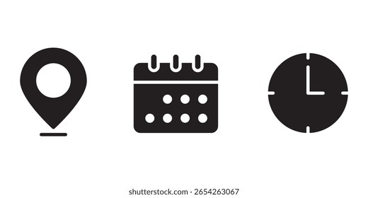 Time, date and address icon set. Travel concept or booking. Calendar, clock, location. Editable vector. Time and Location Symbols for Various Purposes .  eps 10