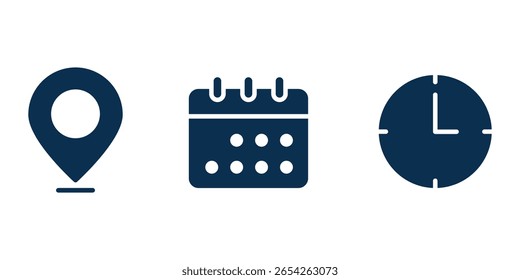 Conjunto de iconos de hora, fecha y Dirección. Concepto de viaje o reserva. Calendario, reloj, ubicación. Vector editable. Símbolos de tiempo y Locación para varios propósitos. eps 10