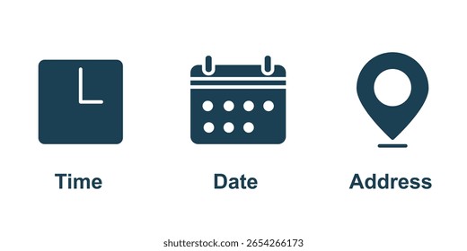 Icono de Dirección de fecha de hora establecido Ilustración vectorial de colección.  Locación, ícono de reloj de calendario.  EPS 10