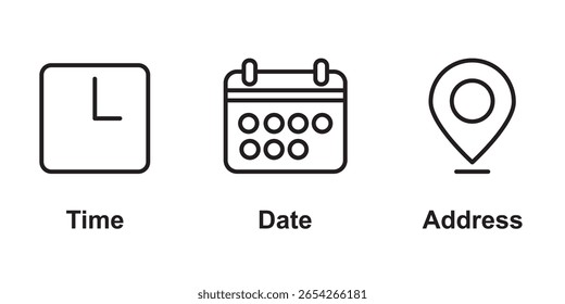 Zeit Datum Adresse Symbol Set Sammlung Vektorgrafik.  Speicherort, Kalenderuhrsymbol.  EPS 10