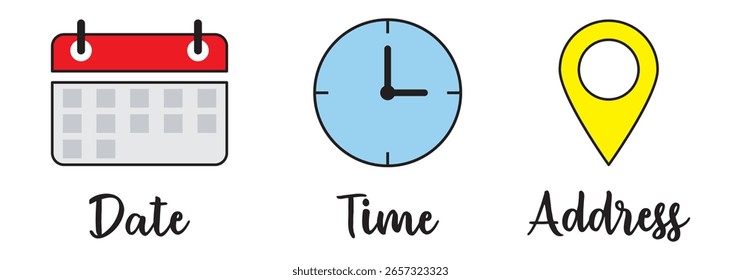 Time, date and address icon set. Calendar, clock, location. Editable stroke. Linear vector outline illustration. Vector illustration.