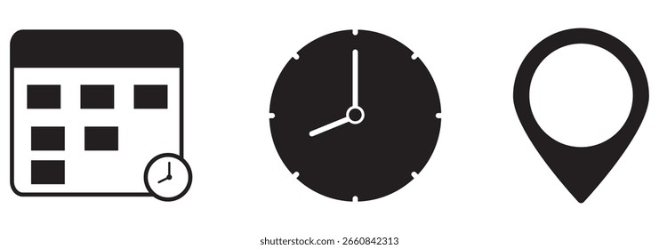Conjunto de iconos de hora, fecha y Dirección. Concepto de viaje o reserva. Calendario, reloj, ubicación. EPS 10 