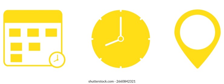 Conjunto de iconos de hora, fecha y Dirección. Concepto de viaje o reserva. Calendario, reloj, ubicación. EPS 10 