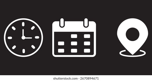 Icono de Dirección de fecha de hora establecido Ilustración vectorial de colección. Vector de iconos de eventos. Locación, ícono de reloj de calendario. Reloj, ubicación de mapa de pin y signos de calendario establecidos. Calendario de reloj de iconos de horario de negocios