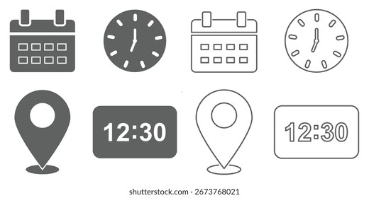 Ícone de hora, data e endereço definido. Calendário, relógio, local, ícone de temporizador. Traçado editável. Contorno de vetor linear e ilustração plana. Ilustração vetorial.