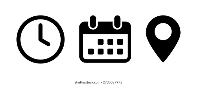 Hora, fecha y Dirección icono conjunto Vector. Reloj, calendario, signos de marcador de pin de ubicación, calendario de reuniones de negocios simple plano o símbolo de recordatorio de calendario de eventos, concepto de diseño de reserva. Ilustración PNG.