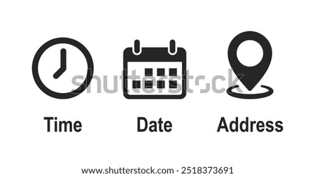 Time, date and address icon set. Calendar, clock, location. Editable stroke. Linear vector outline illustration. Vector illustration.