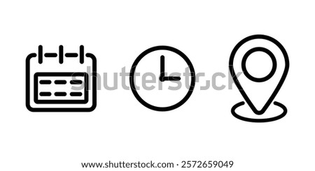 Time, date and address icon set. Calendar, clock, location.  Linear vector outline illustration. Stopwatch timer icon. Date Calendar icon. Vector illustration.