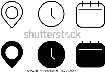 Time, date and address icon set. Calendar, clock, location. Editable stroke. Linear vector outline illustration. Vector illustration.