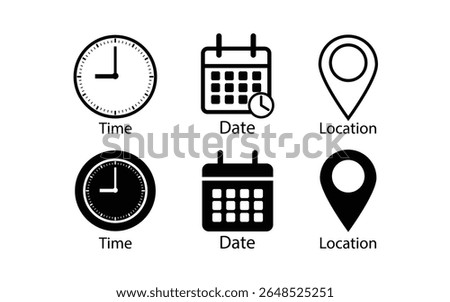 Time, date and address icon set. Calendar, clock, location, Place. Editable stroke. Linear outline Vector illustration.
