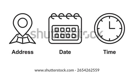 Time, date and address icon set. Calendar, clock, location. Editable stroke. Linear vector . Simple Time and Location Icons for User Interfaces . 