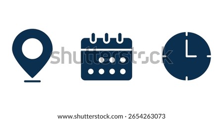 Time, date and address icon set. Travel concept or booking. Calendar, clock, location. Editable vector. Time and Location Symbols for Various Purposes .  eps 10