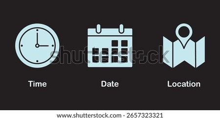 Time, date and address icon set. Calendar, clock, location. Editable stroke. Linear vector outline illustration. Vector illustration.