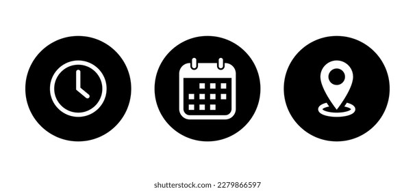 Time, date, and address icon vector isolated on circle background