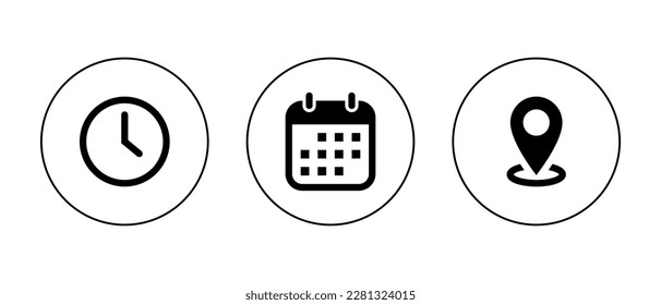 Time, date, address icon vector isolated on circle outline