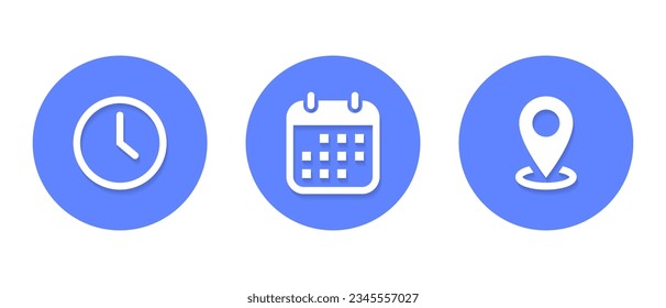 Vector de icono de hora, fecha y dirección en concepto plano. Elementos de los eventos comerciales