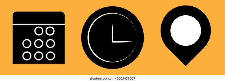 Time, date, address icon vector isolated on yellow background eps 10.