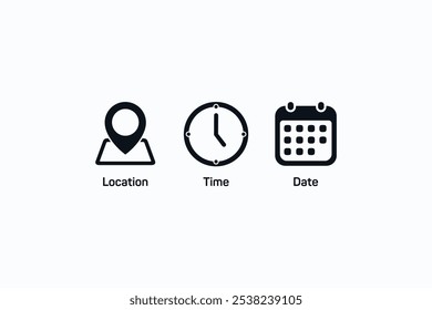 Tempo, data e endereço ícone vetor no fundo branco. Ícone de local, hora e calendário.