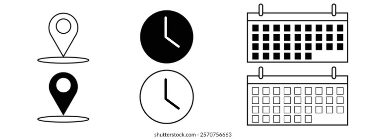 Time, date, and address icon vector isolated on circle background . 