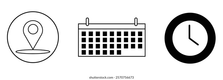 Time, date, and address icon vector isolated on circle background . 