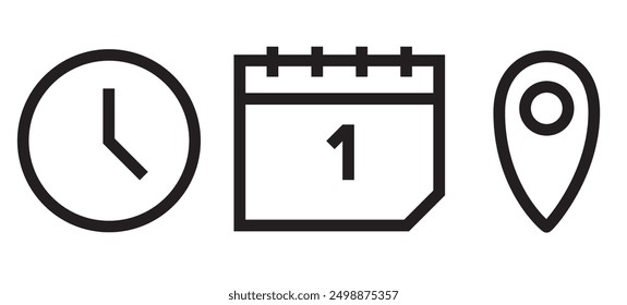 Symbole für Uhrzeit, Datum und Adresse. Ereignis-Vektor. Ort. Stunde. Uhr. Kalender. Black Line. Umriss.