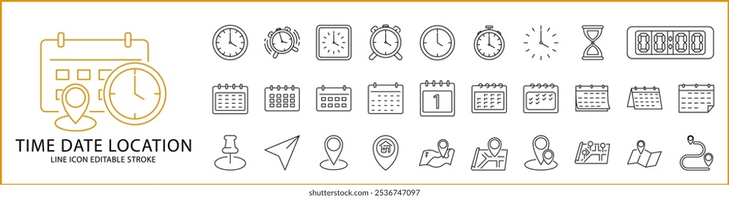 Zeitdatumsadresssymbole im Linienstil. Enthaltend Kalender, Uhr, Ort, Zeichen, Ereignis, Karte, Ort, Zeitplan, Tag. Symbolsatz. Vektorgrafik. Bearbeitbarer Strich.