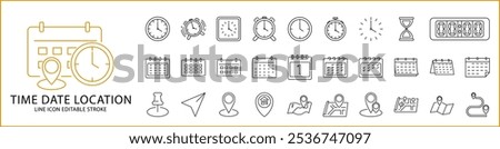 Time Date Address icons In Line Style. Containing calendar, clock, location, signs, event, map, place, schedule, day. Icon Set. Vector Illustration. Editable Stroke.