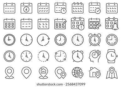 Time, date and address icons set. Time, date and address line icon set. Calendar, Clock, location pin, icon set. vector illustration.