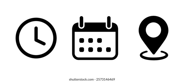 Time, Date, Address icons set. Event vector icons illustrations. Calendar, Location and clock icons isolated