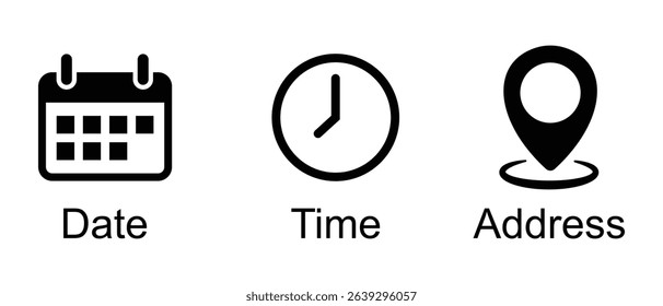 Time, date and address icons set. Time, date and address line and solid icon set. calendar, Clock, location pin, icon set. vector illustration.