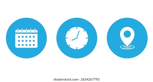 Iconos de hora, fecha y Dirección establecidos. Hora, fecha y línea de Dirección y conjunto de iconos sólidos. Icono de ubicación de Dirección. Icono de cronómetro. Icono Calendario de fecha. 