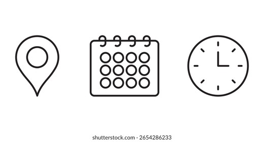 Conjunto de iconos de Dirección de fecha y hora. Icono de ubicación de Dirección. Icono de cronómetro. Icono Calendario de fecha. Iconos de línea negra y web plana. Colección de íconos para ubicación, fecha y hora. 