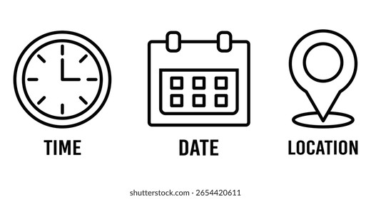 Time date address icons set. Address location icon. Stopwatch timer icon. 