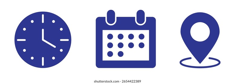 Hora, fecha, conjunto de iconos de Dirección. Iconos de vector de eventos . Calendario, reloj, icono de ubicación.