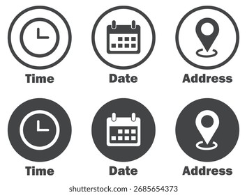 Conjunto isolado de ícone de hora, data e endereço. Data Hora Endereço Ícone Definir Design Simples. calendário, relógio, local, vetor, pin, mapa, gps, agenda, ícone, marcador