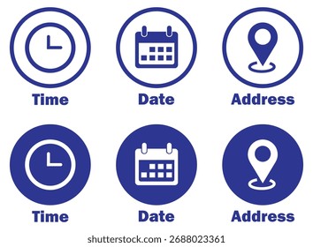 Ícones de hora, data e endereço em cor azul sobre fundo branco. Calendário, hora, relógio, endereço, conjunto de ícones de localização. hora, data, endereço, localização, mapa, pin, navegação, vetor