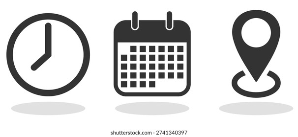 Time, date and address icons set. watch, calendar and location icons. Vector illustration of Date, Time and Address icon set. 