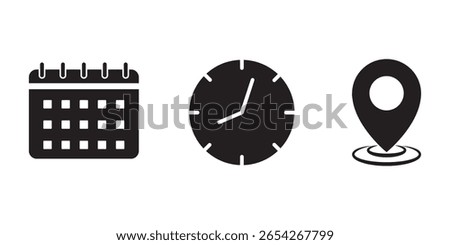 Time, date and address icons set. Time, date and address line and solid icon set. Address location icon. Stopwatch timer icon. Date Calendar icon. 