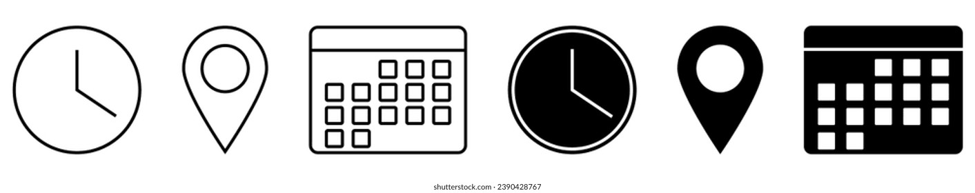 Time, date, address icons. Vector illustration isolated on white background
