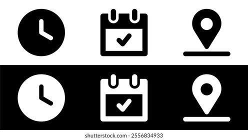 Time, date and address icons vector collection on white and black background.