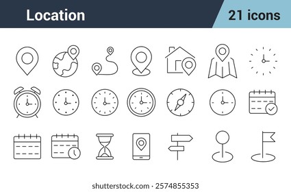 Time, Date, and Address, Line Editable Icons set. Includes location, map, calendar, clock, pin, and More.