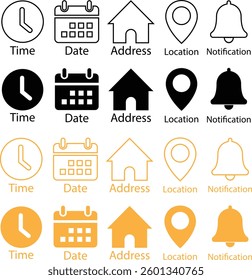 Time, date and address line and flat icons set. Event calendar reminder clock business schedule signs, location pin symbols, place pointer time map elements vectors isolated on transparent background.