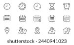 Time, date and address line icon set. Clock, calendar, location pin. Editable stroke. Vector illustration.