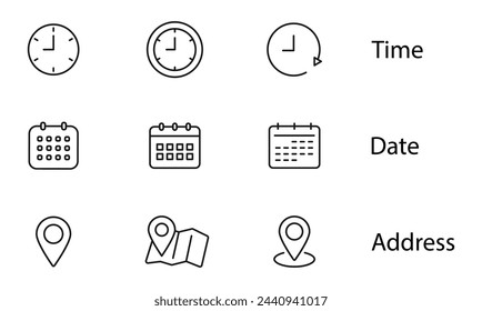 Time, date and address line icon set. Clock, calendar, location pin. Editable stroke. Vector illustration.