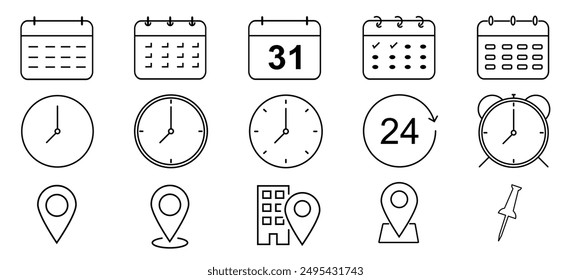 Icono De Fecha De Hora Y Línea De Dirección Establecer Ilustración vectorial De Pin De Locación Del Calendario Del Reloj.